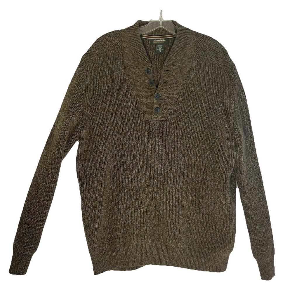 Eddie Bauer Sweater Mens XL Tall Shawl Collar 4 Button Pullover Green/Tan EUC